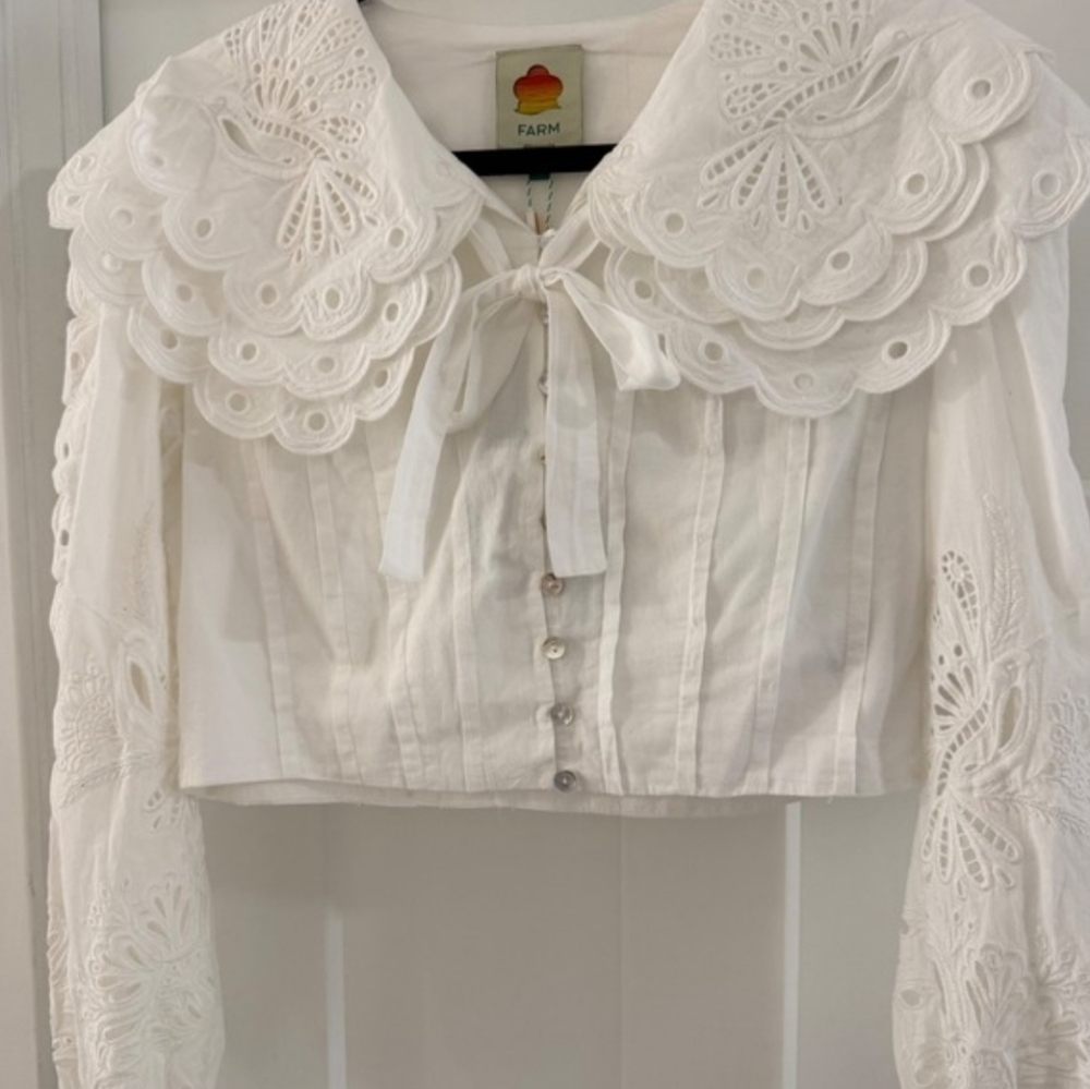 FARM RIO Richelieu Big Collar Off White Battenberg Lace Blouse M RARE SRP $240 - Picture 13 of 16